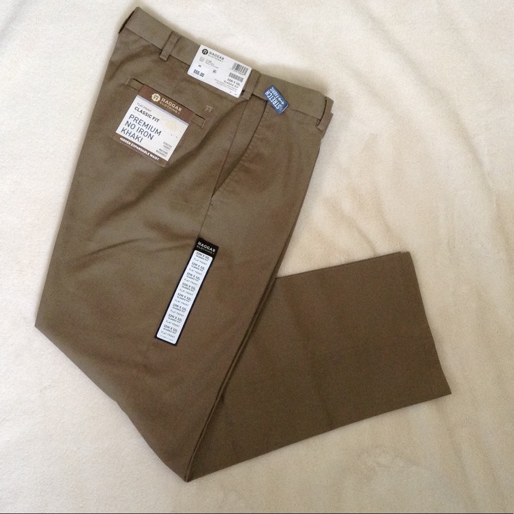 Haggar flat front classic fit no iron khaki.